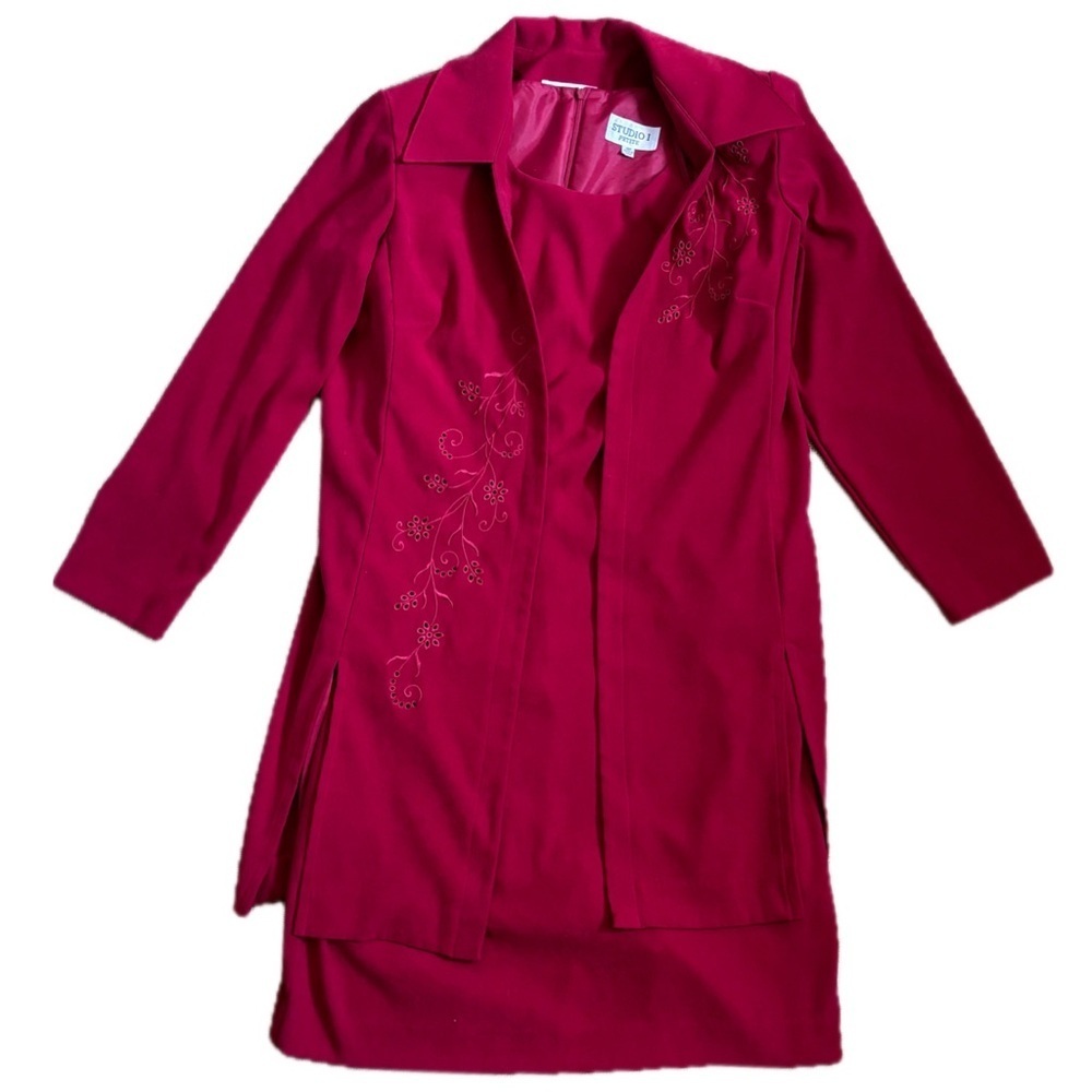 Deep Red Dress & Eyelet Blazer Set Fits Medium Large Faux Suede Classy Retro